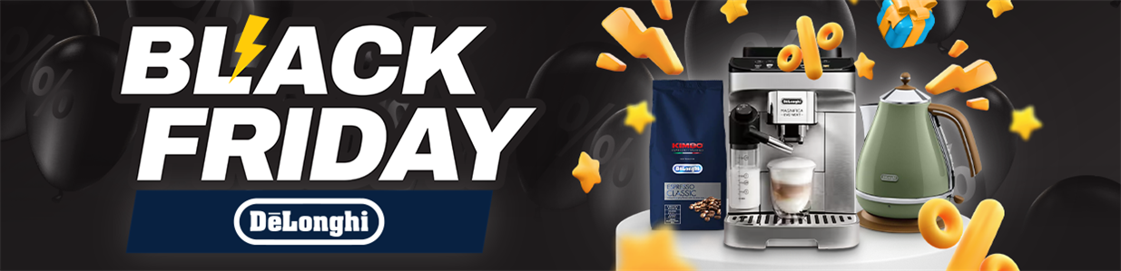 Black Friday DeLonghi - kávovary, konvice, káva, grily